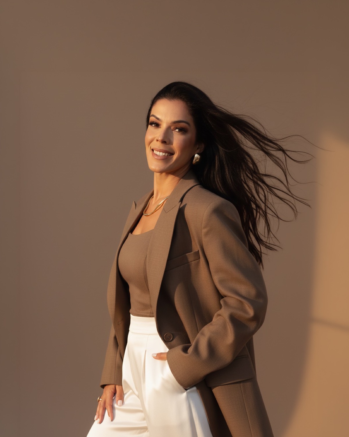 Carol Caldas, nutricionista clínica, de blazer caramelo